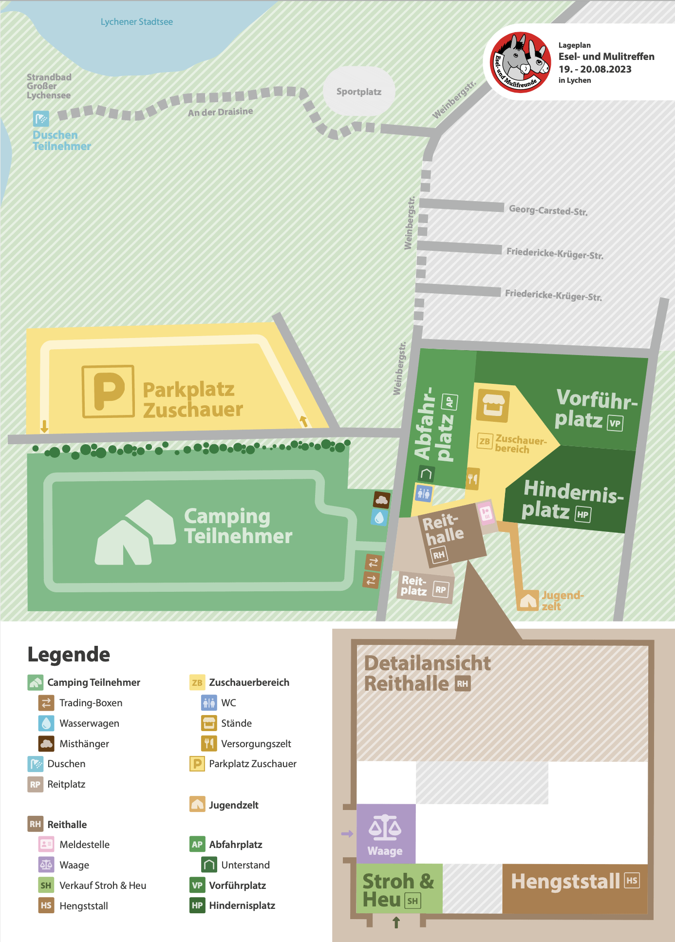 Geländeplan: Ein schematischer Plan des Geländes am Lychener Stadtsee zum Esel- und Mulitreffen 2023 in Lychen