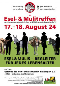 Werbeplakat: Esel- und Mulitreffen 2024 unter dem Motto: "Esel und Mulis - Begleiter für jedes Lebensalter" in Hasbergen