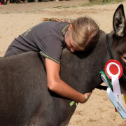 Foto: Mädchen freut sich mit ihrem Esel über einen Sieg beim Eseltreffen in Bad Honnef 2025.