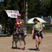 Foto: Mädchen reitet ihren Esel stehend beim Eseltreffen in Bad Honnef 2025.