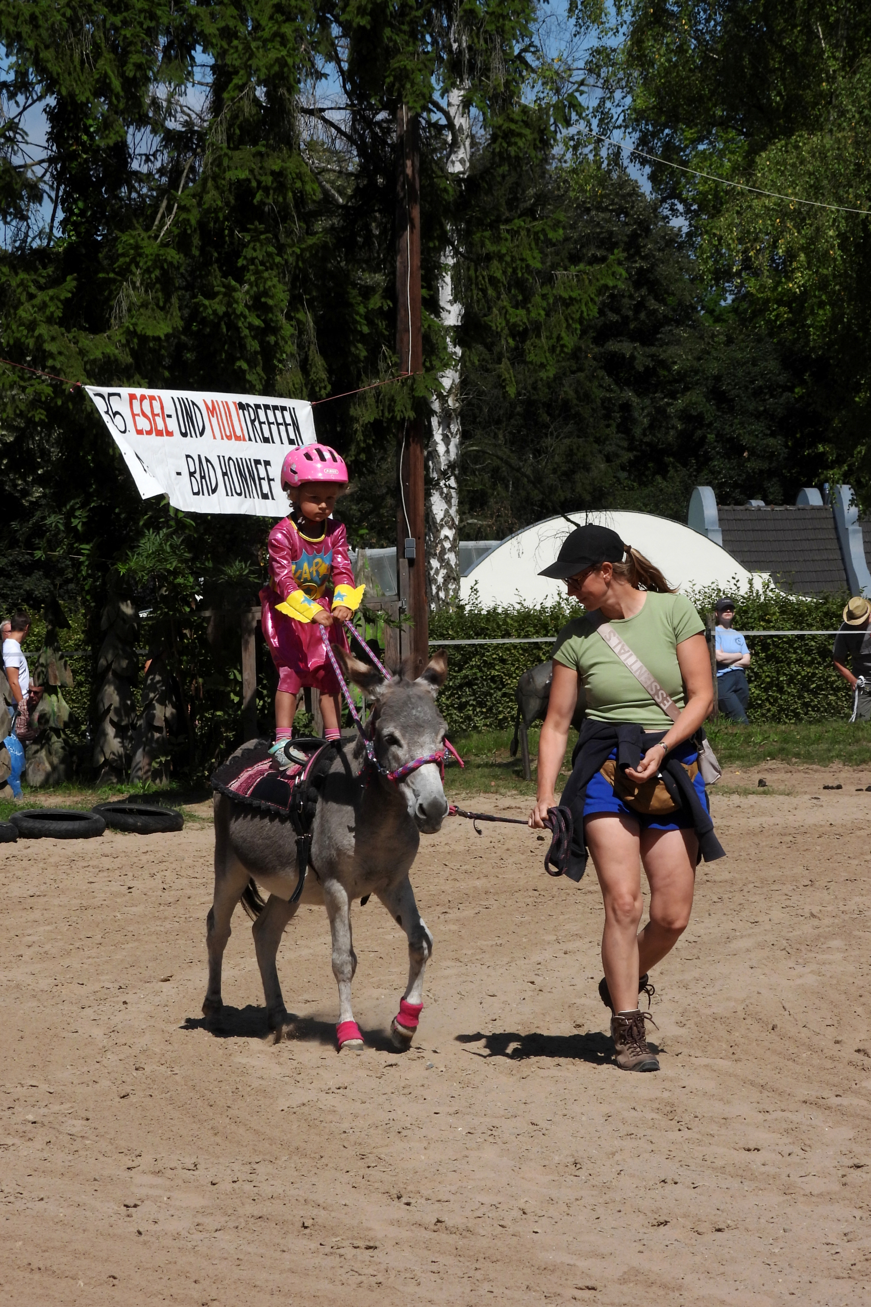 Foto: Mädchen reitet ihren Esel stehend beim Eseltreffen in Bad Honnef 2025.