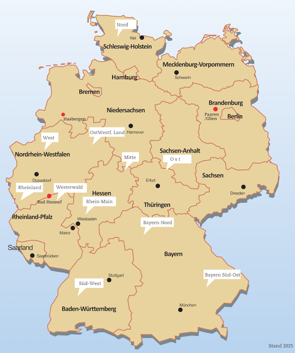 Karte: Landkarte mit IGEM Regionalgruppen und Eseltreffen-Veranstaltungsorte Hasbergen, Bad Honnef, Forst