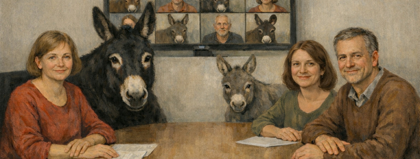 KI-Bild: Erweiterte Vorstandssitzung, Esel und Menschen im Konferenzraum mit Videoschalte