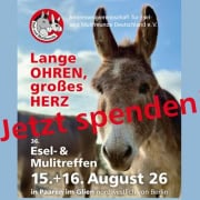 Plakat: Einladung zum Esel- und Mulitreffen 2026 nach Paaren mit dem Aufruf: Jetzt spenden! 495 x 400 Pixel
