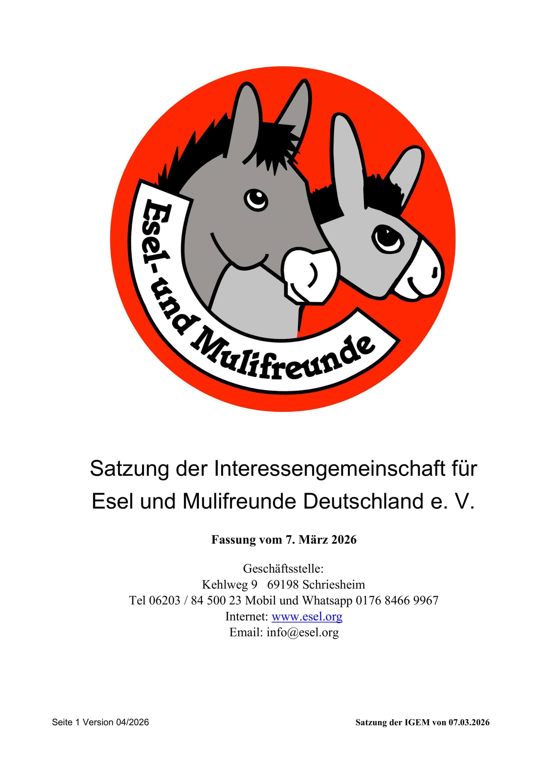 Foto: Seite 1 der Satzung der Interessengemeinschaft für Esel- und Mulifreunde Deutschland e. V., Fassung 7. März 2026